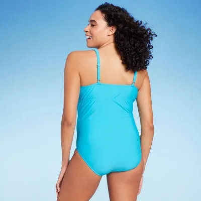 New - Lands' End Women's V-Neck One Piece Swimsuit Tummy Control, Turquoise Blue L